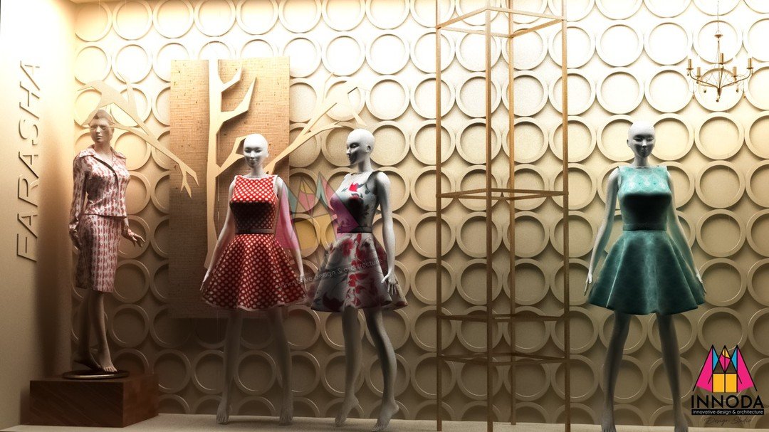 Sculptural gold circular wall relief with fashion couture mannequins